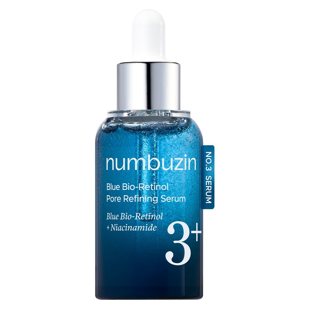 Numbuzin No.3 Blue Bio-Retinol Serum Flasche mit Pipette. Dunkelblaue Glasflasche mit silbernem Verschluss.