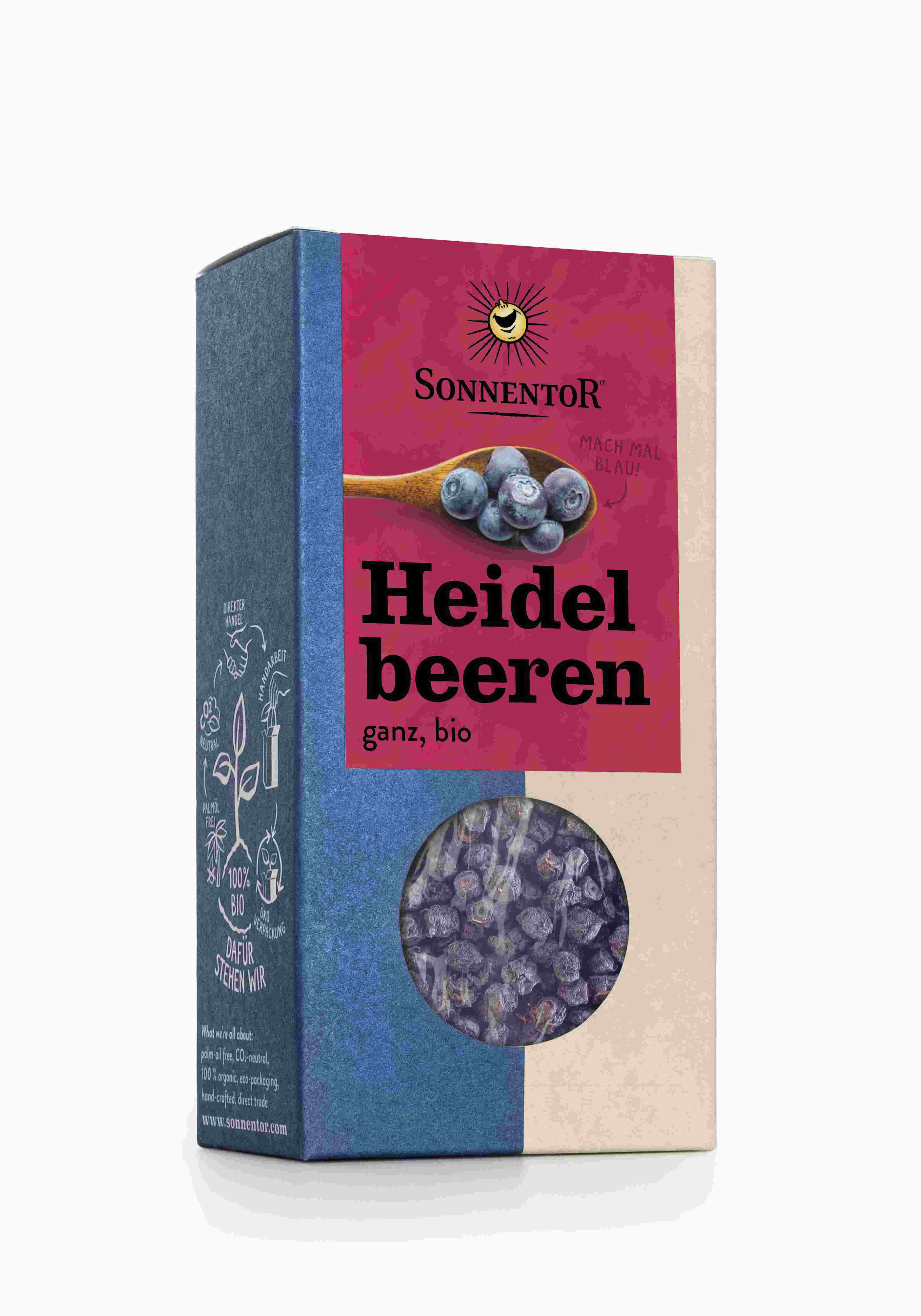 Karton mit Heidelbeeren. Aufschrift: SonnentoR, Heidelbeeren ganz, bio. Sichtfenster mit Beeren. Logo mit Sonne.