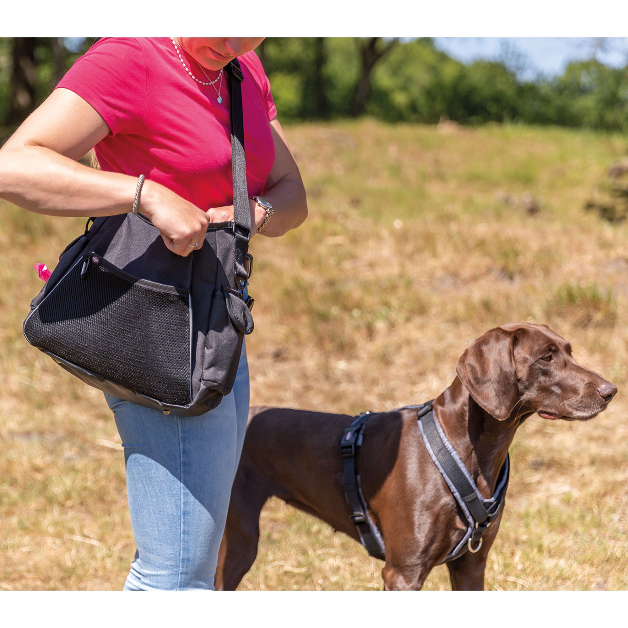 Person mit schwarzer Umhängetasche und Hund auf einer Wiese. Die Tasche hat mehrere Fächer und einen Schultergurt.