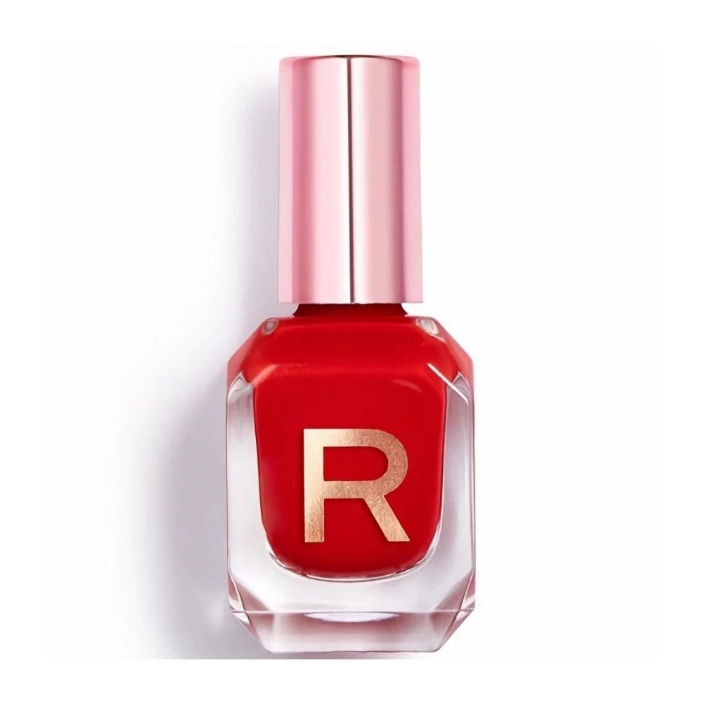 Roter Nagellack in einem transparenten Flakon mit rosa Verschluss und Applikator.