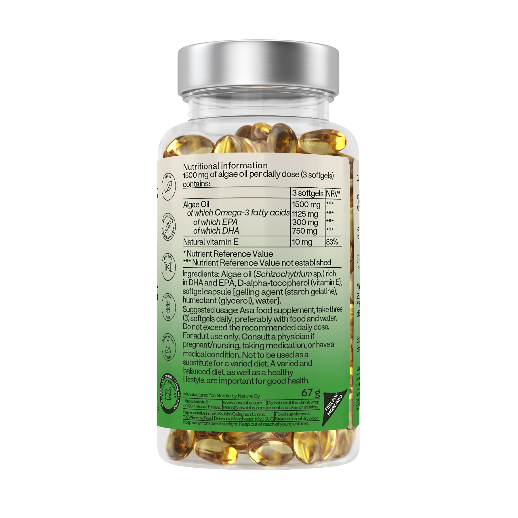 Rückseite der Omega-3-Flasche. Enthält Nährwertangaben und Inhaltsstoffe. Text in Englisch.