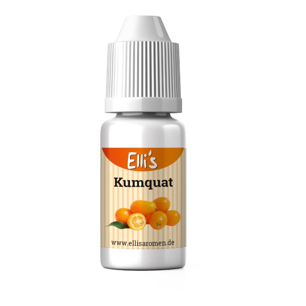 Fläschchen mit weißem Deckel. Etikett mit Kumquat-Abbildung und Schriftzug "Elli's Kumquat".