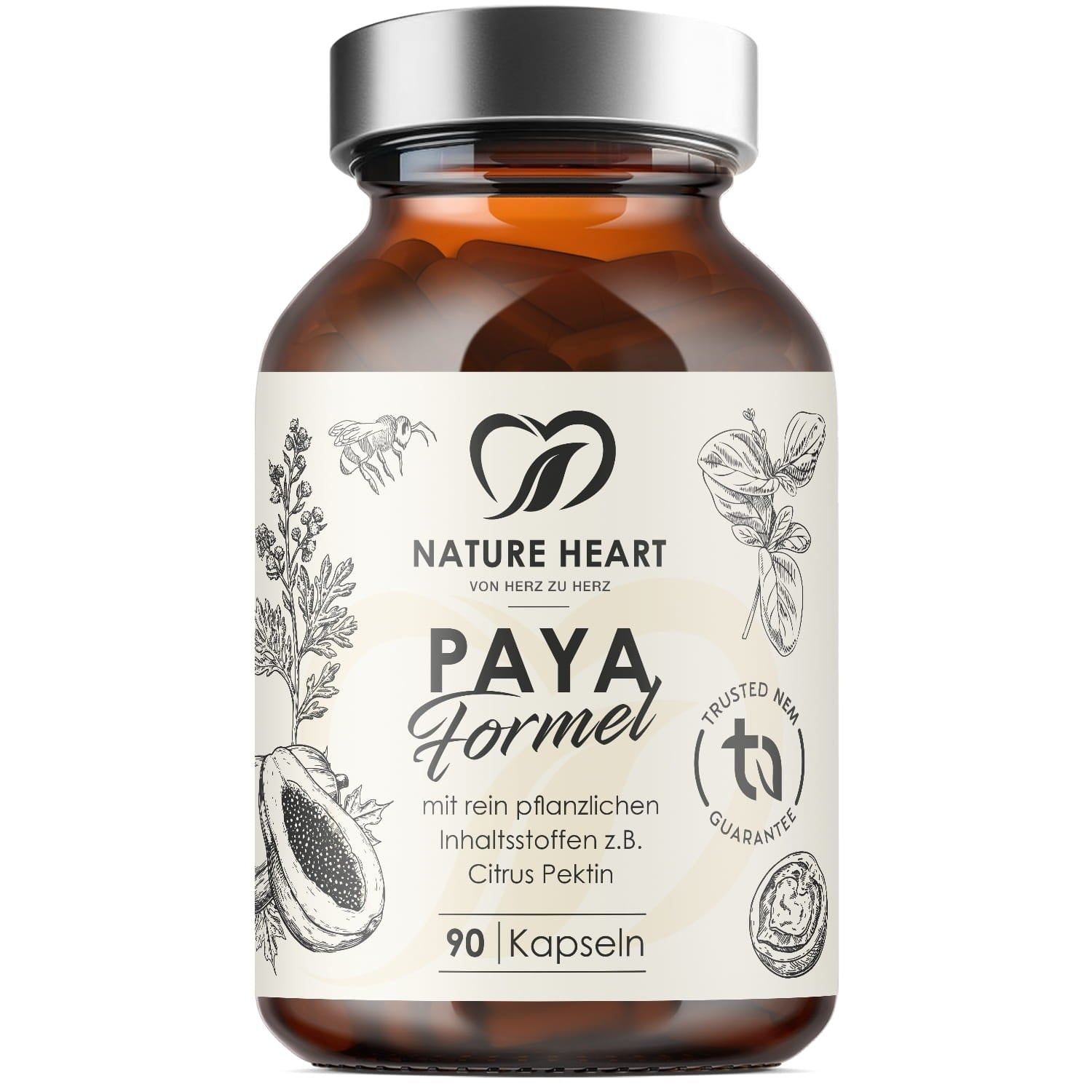 Braune Glasflasche mit Kapseln. Aufschrift: Paya Formel, Nature Heart. 90 Kapseln.