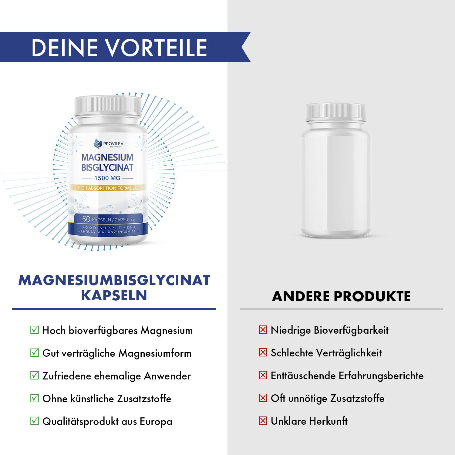Vergleich von Magnesiumbisglycinat Kapseln und einem anderen Produkt. Vorteile: Hochverfügbares Magnesium, ohne Zusatzstoffe.