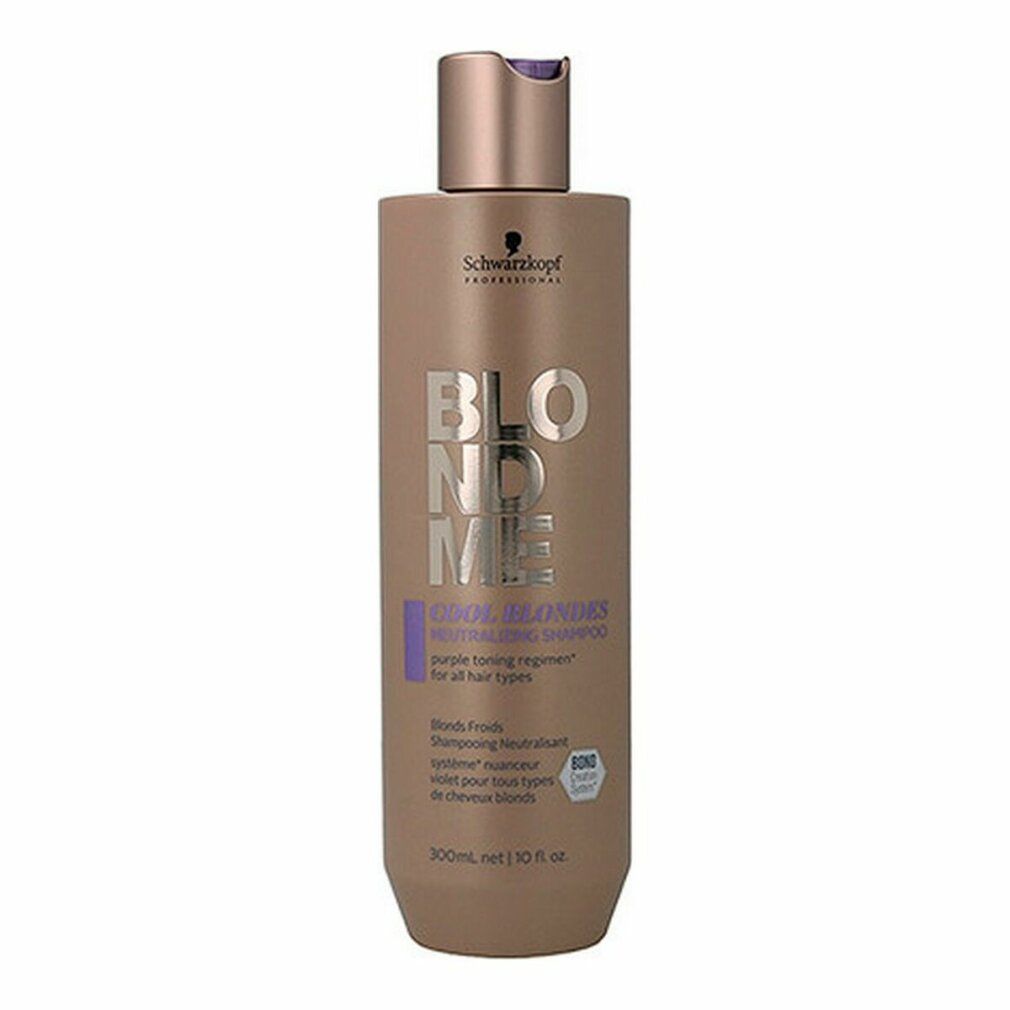 Schwarzkopf BlondMe Cool Blondes Shampoo. Braune Flasche. Text: BlondMe, Cool Blondes. Lila Akzente. 300ml.