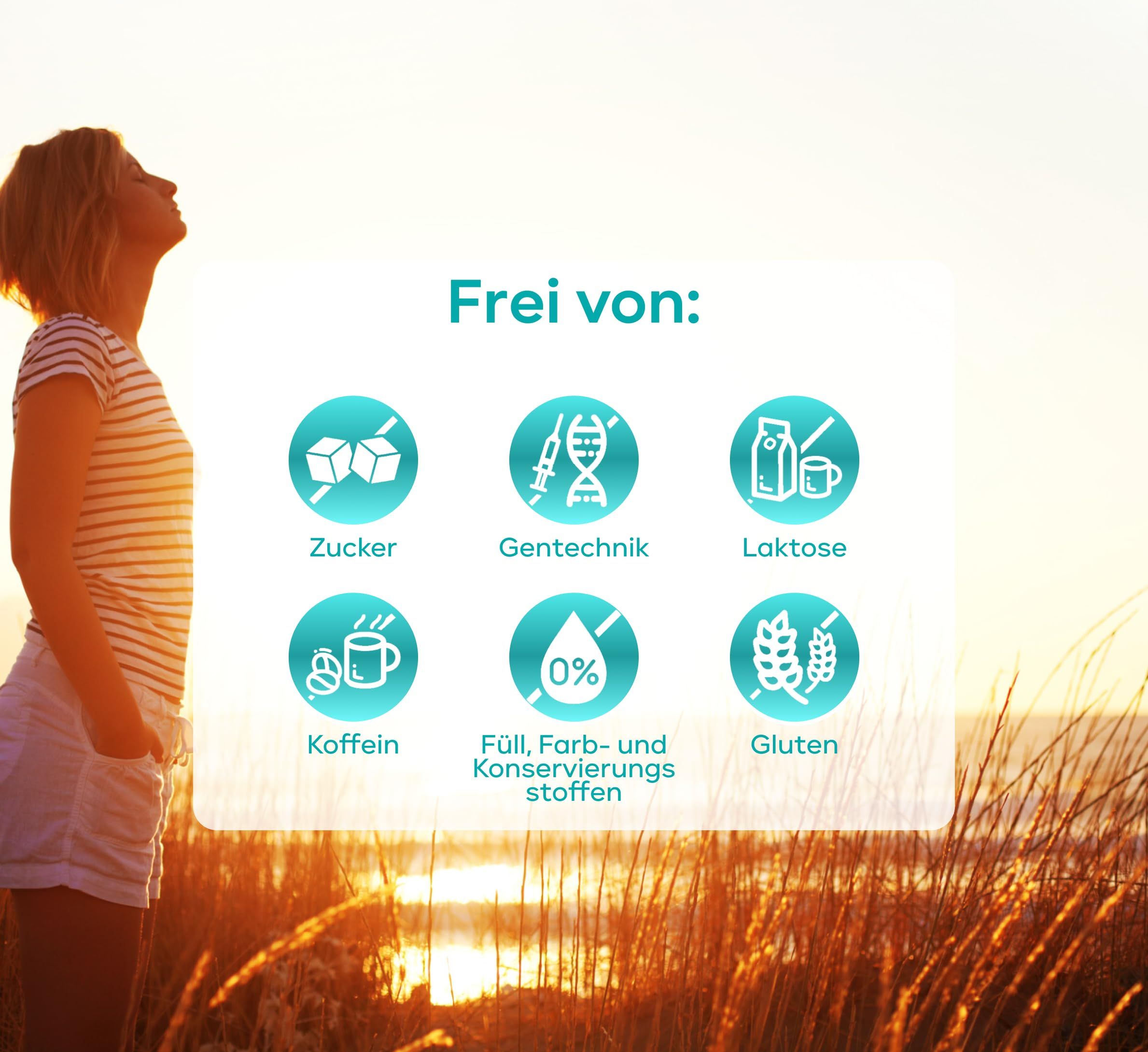 Text auf blauem Hintergrund: Frei von Zucker, Gentechnik, Laktose, Koffein, Füll-, Farb- und Konservierungsstoffen, Gluten.