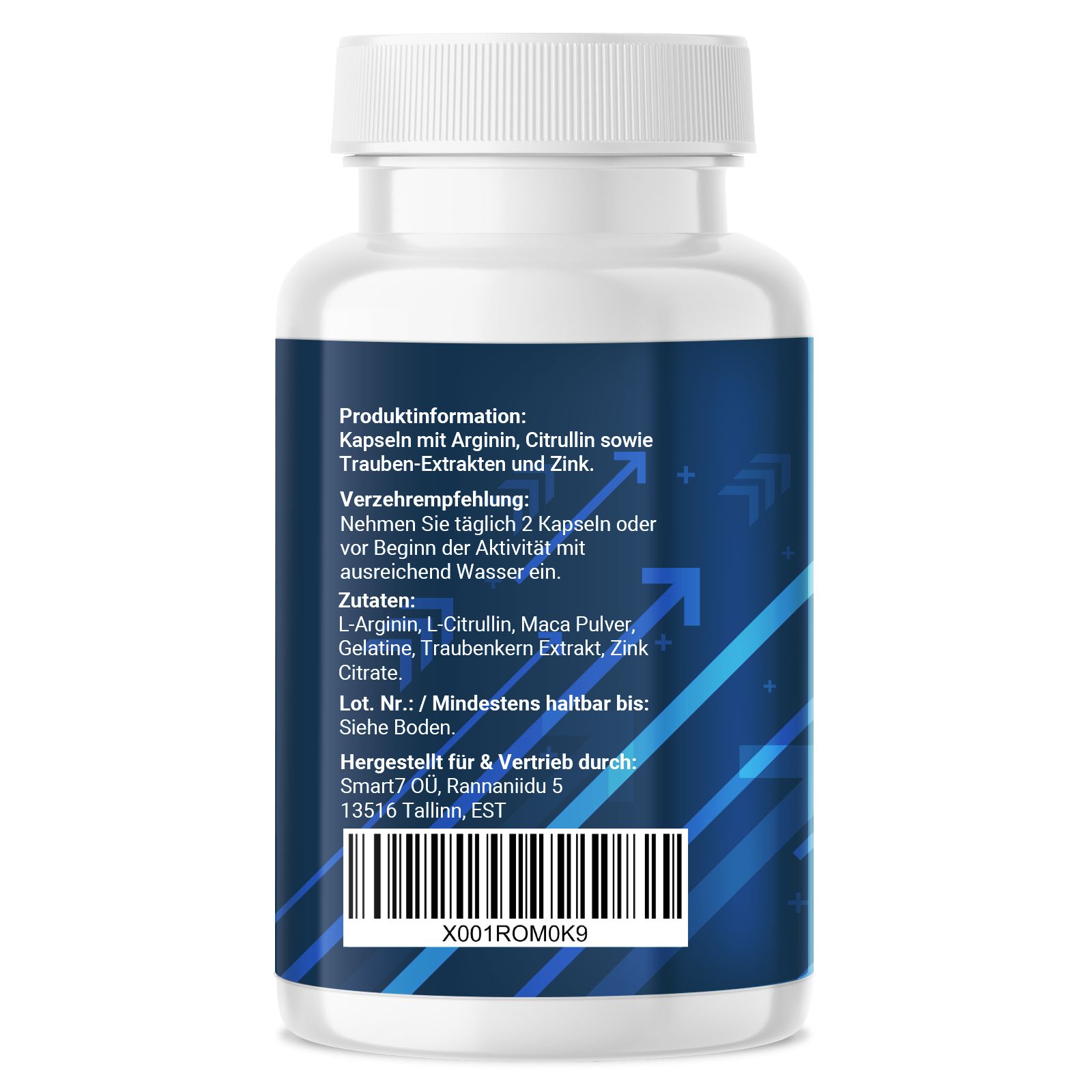 Rückseite der Flasche mit Produktinformationen. Enthält Arginin, Citrullin, Trauben-Extrakte und Zink. Barcode.