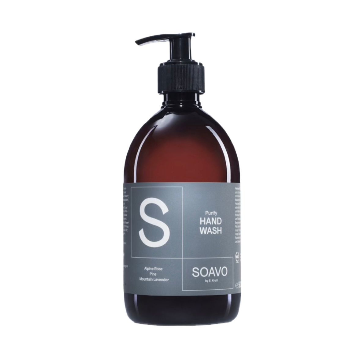 Braune Flasche mit schwarzem Spender. Aufschrift: Purify Hand Wash, SOAVO. Mit Inhaltsstoffen: Alpine Rose, Fir, Mountain Lavender.