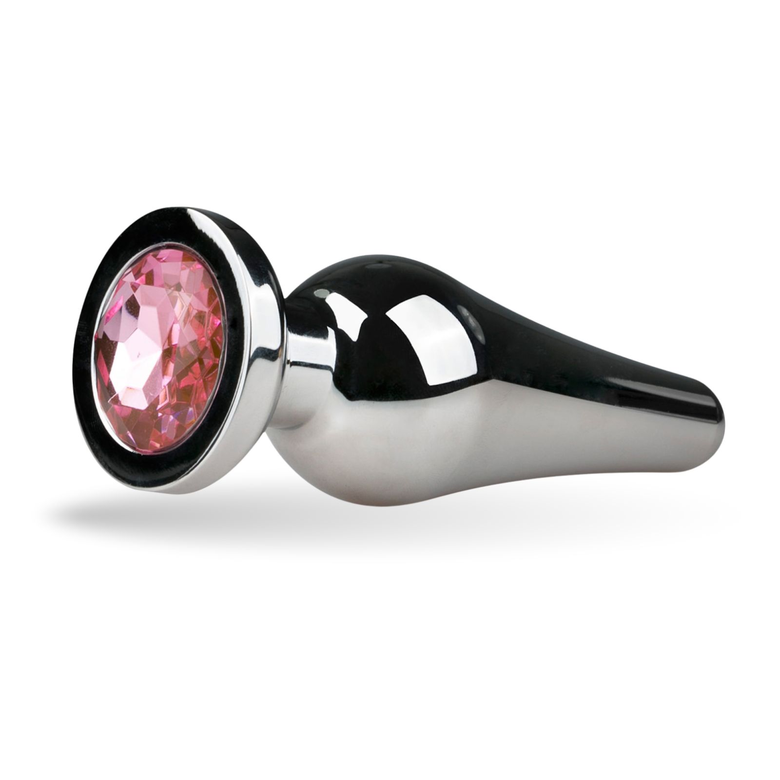 Kegelförmiger Analplug aus Metall mit pinkfarbenem Zierstein. Silberfarben.
