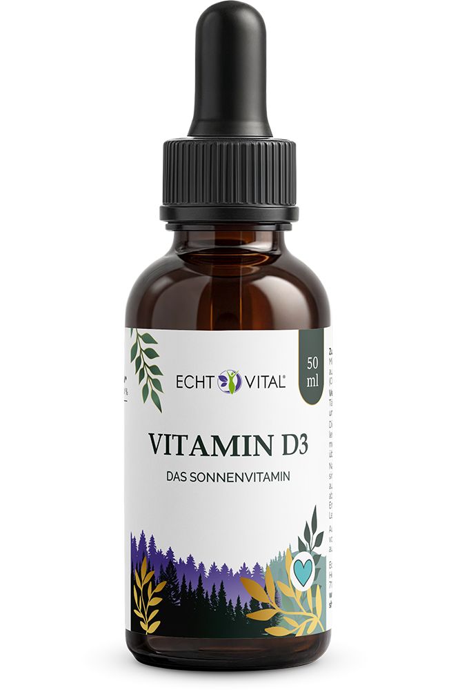 Braune Glasflasche mit Pipette, gefüllt mit Echt Vital Vitamin D3 Tropfen. Etikett mit Waldmotiv und "Das Sonnenvitamin".