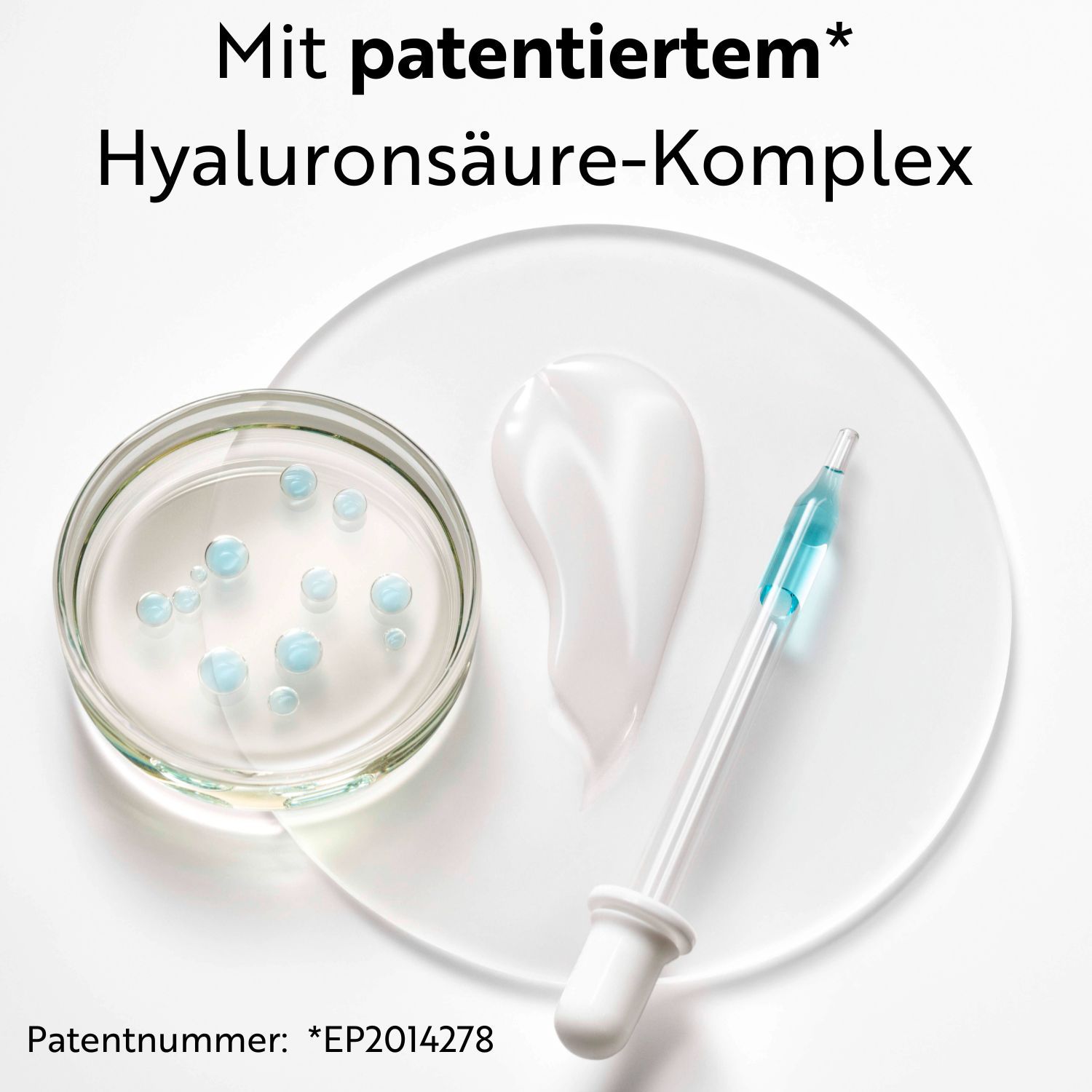 Hyaluronsäure-Komplex in Glasbehälter und Pipette. Text: Mit patentiertem Hyaluronsäure-Komplex. Patentnummer: EP2014278.