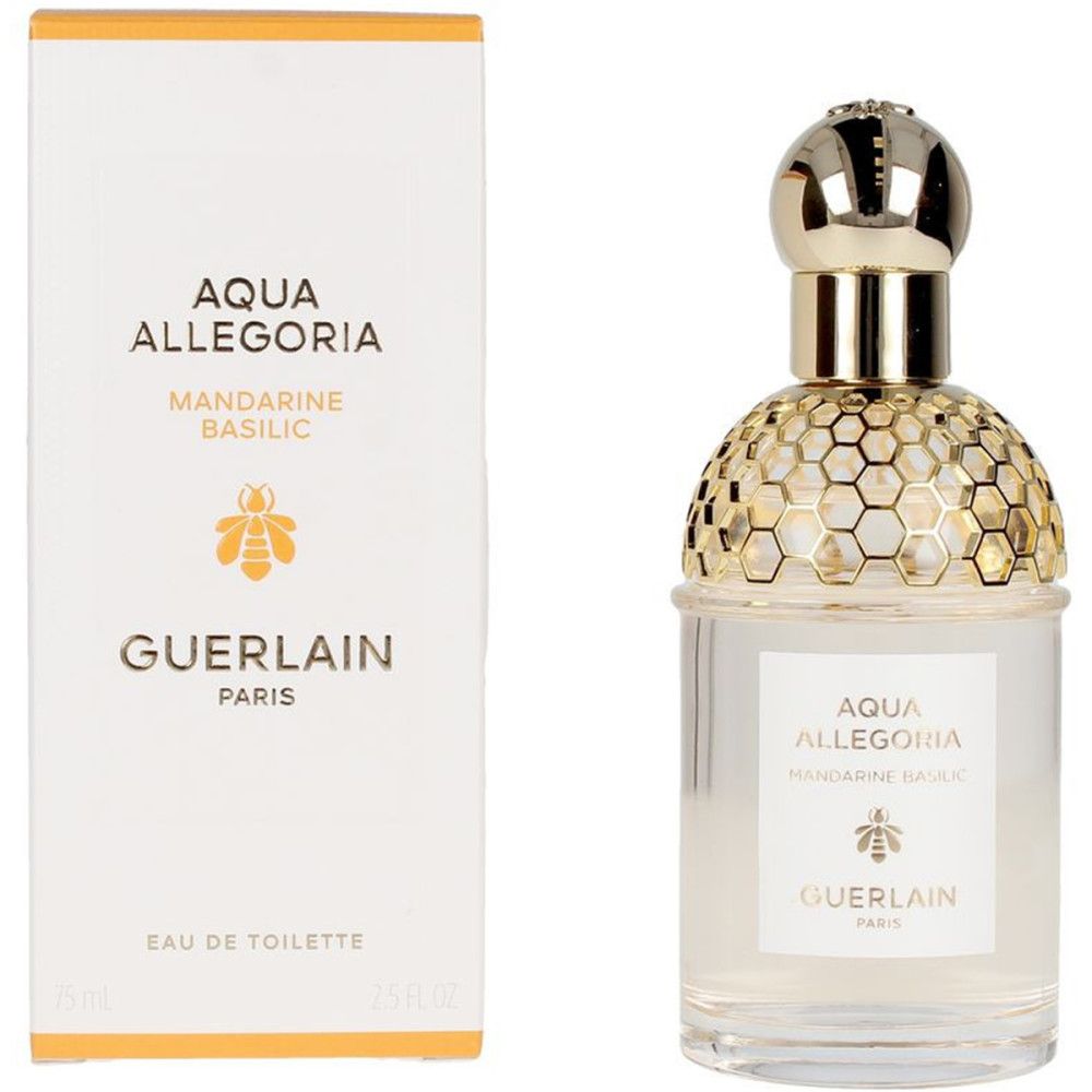 Flakon und Verpackung. Aufschrift: Aqua Allegoria Mandarine Basilic, Guerlain Paris. Gelbe Akzente.