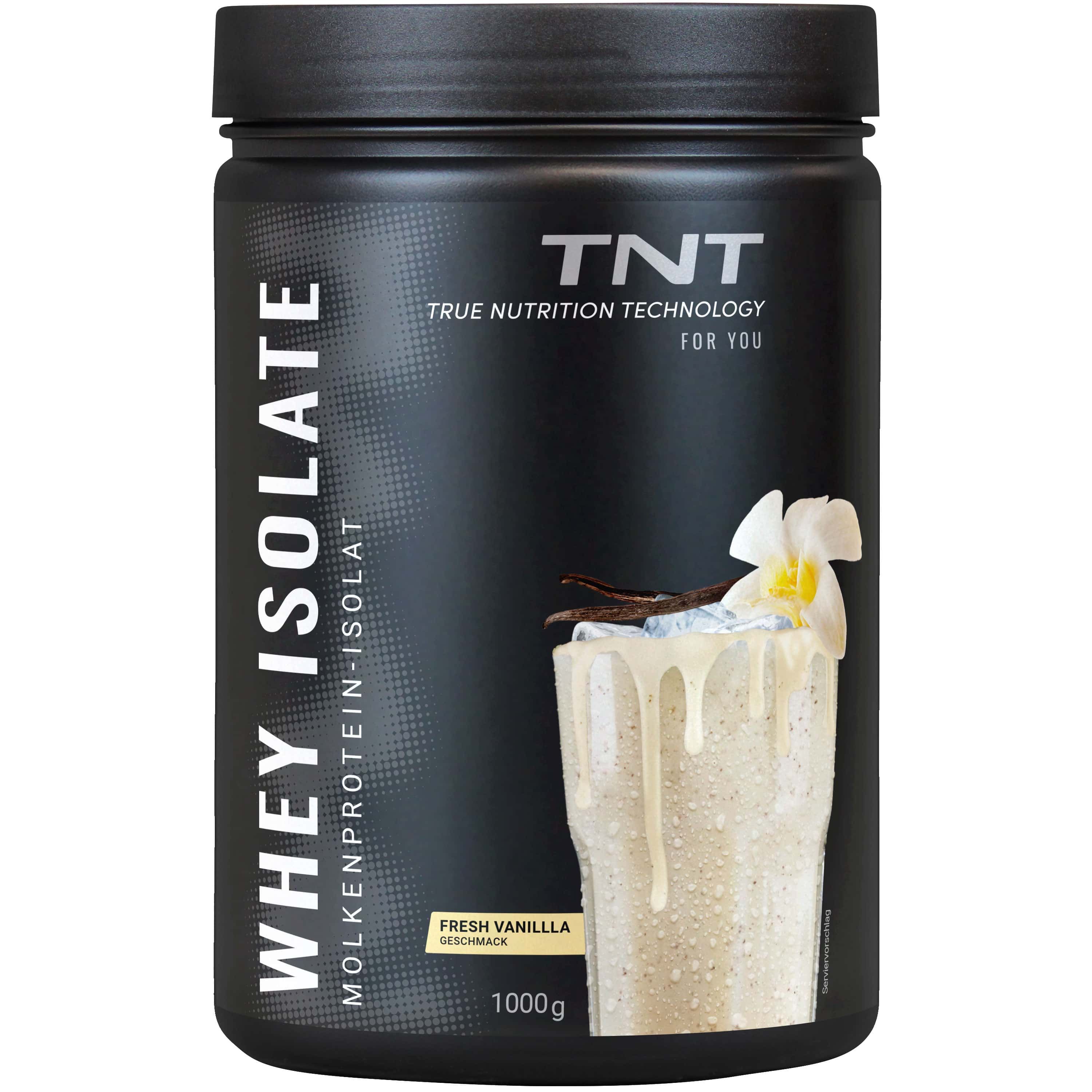 Schwarze Dose mit TNT Whey Isolat. Aufschrift: WHEY ISOLATE, Molkenprotein-Isolat, Fresh Vanilla, 1000g. Abbildung eines Shakes.