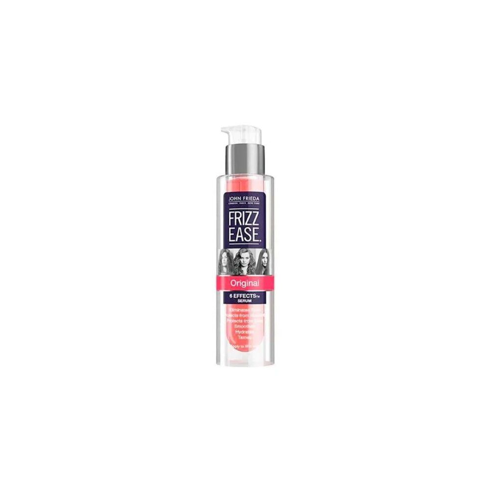 Transparente Flasche mit rosa Flüssigkeit und Pumpe. Aufschrift: John Frieda Frizz Ease Original Serum. Enthält 6 Effekte.