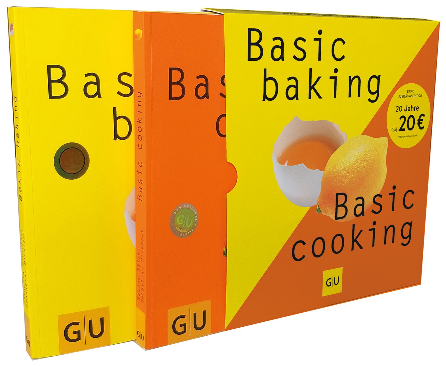 Drei Kochbücher in einer Box. Titel: Basic baking, Basic cooking. Gelb, orange. GU-Logo. 20 Jahre Jubiläum. Preis: 20€.