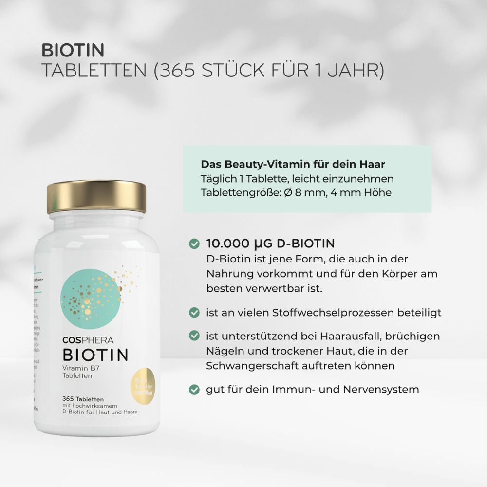 Biotin-Tabletten in einer weißen Flasche. Text: 365 Stück für 1 Jahr. Detailinformationen und Inhaltsstoffe.