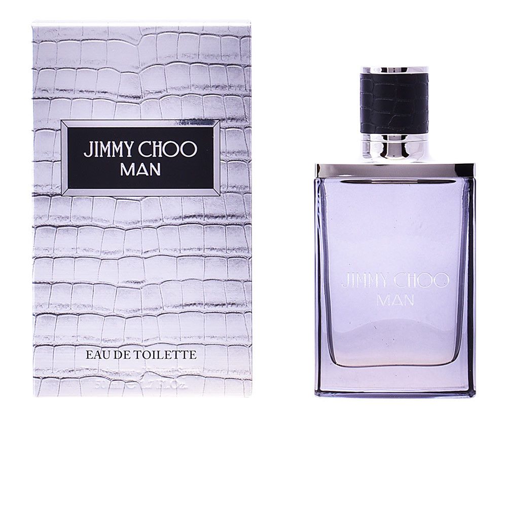 Parfümflasche und Schachtel. Flasche quadratisch, silberfarben. Schachtel mit Krokodilmuster, Aufschrift JIMMY CHOO MAN.
