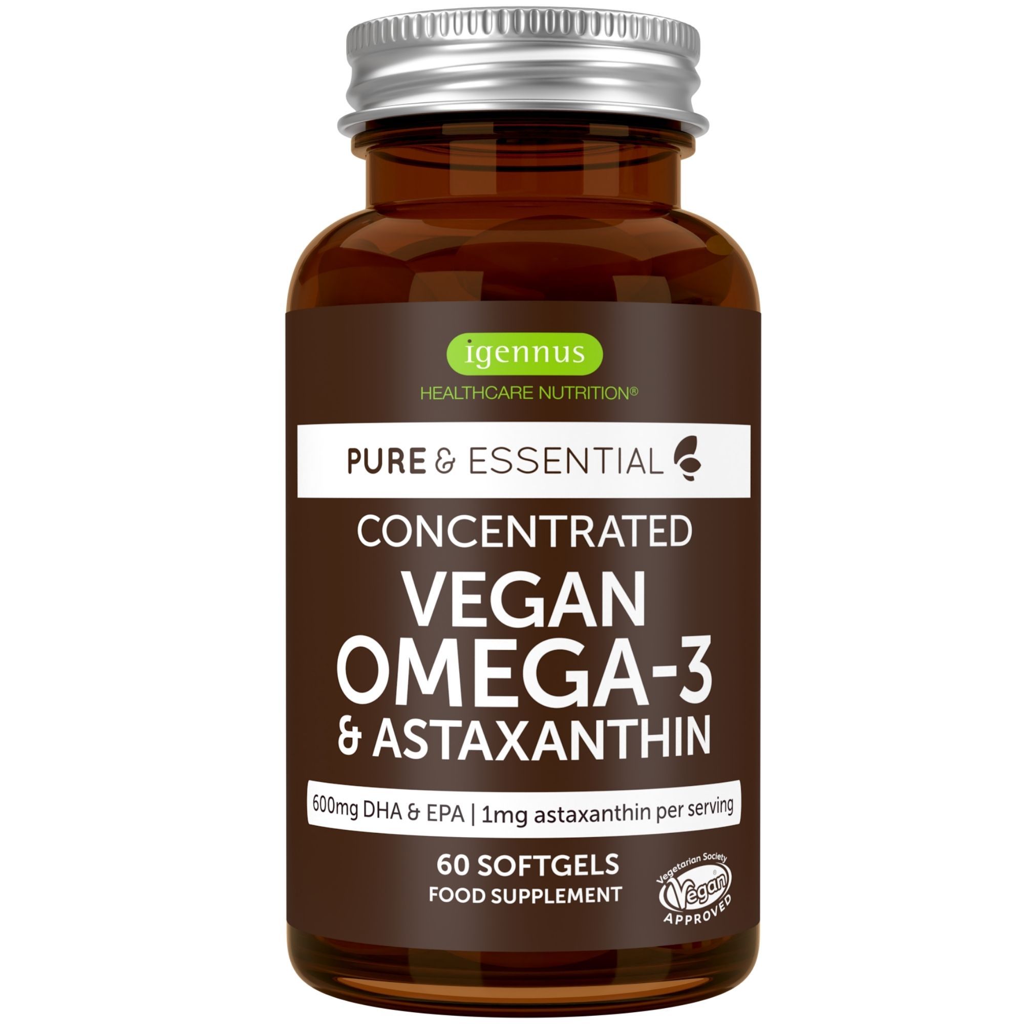 Braune Glasflasche mit silbernem Deckel, Etikett mit 'Vegan Omega-3 & Astaxanthin'.