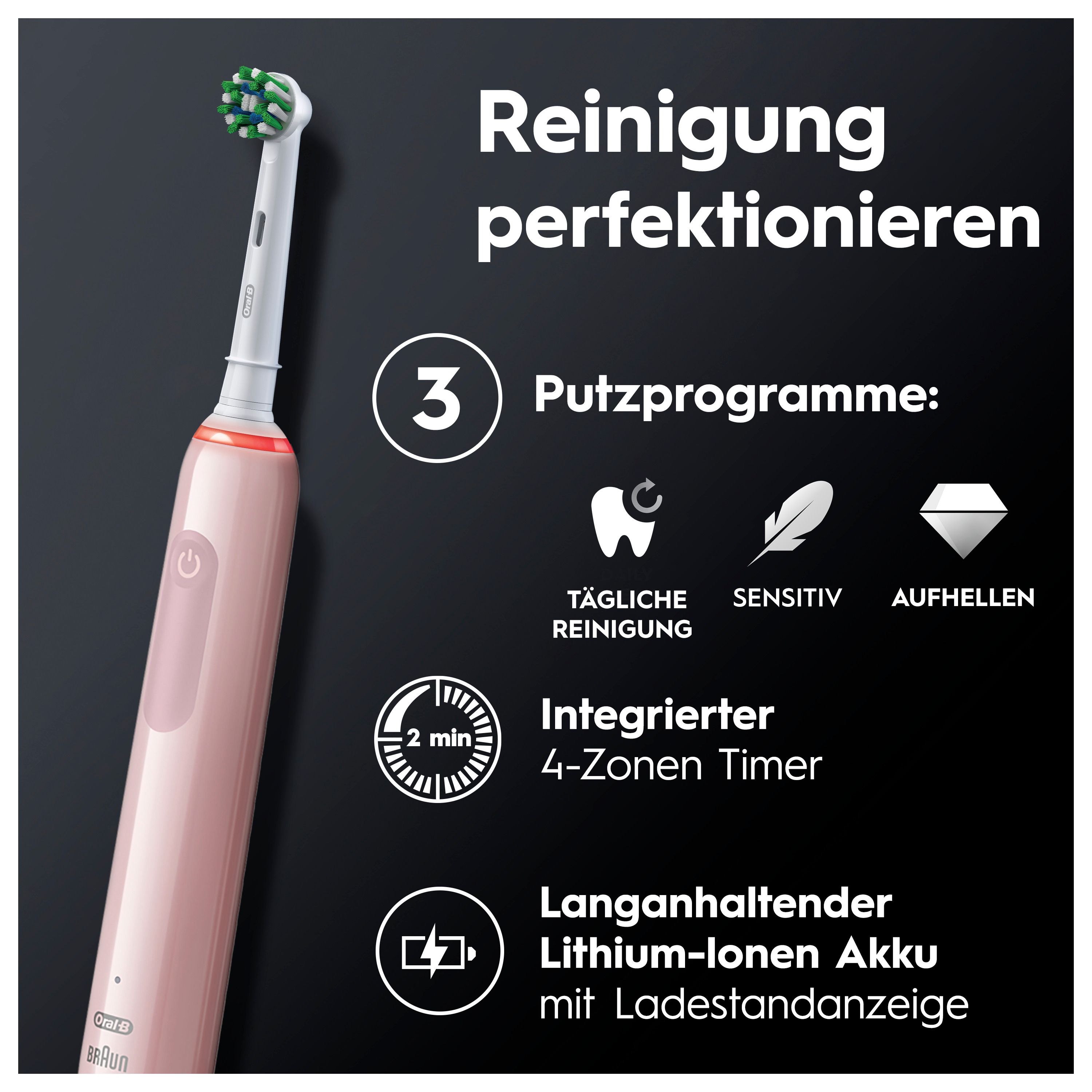 Elektrische Zahnbürste Pink mit Text: 3 Putzprogramme, 4-Zonen Timer, Lithium-Ionen Akku. Schwarzer Hintergrund.