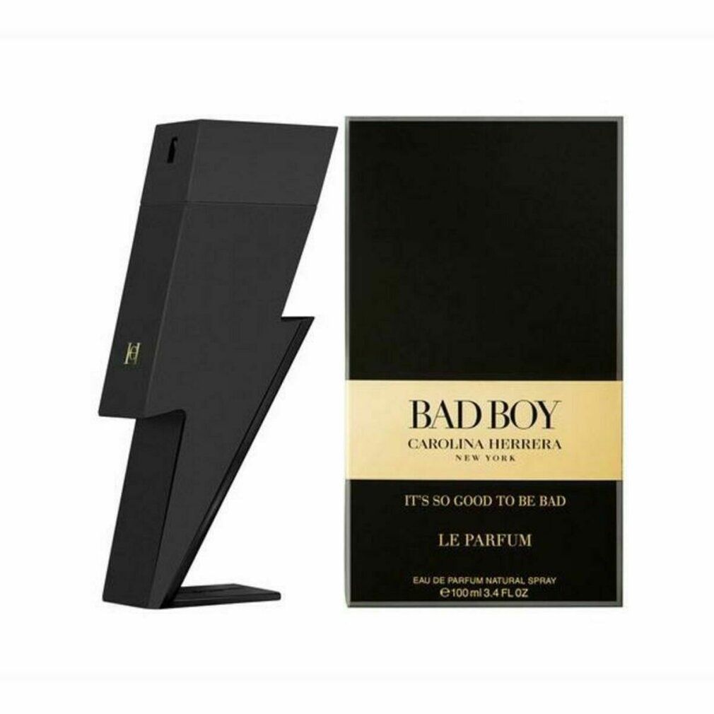 Schwarzer Flakon in Blitzform und rechteckige Schachtel. Auf der Schachtel steht "BAD BOY" und "LE PARFUM".