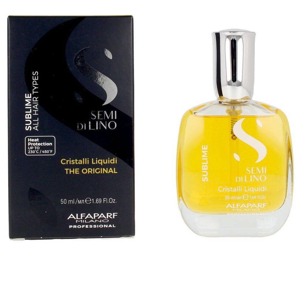 Glasflasche mit gelber Flüssigkeit und schwarze Verpackung. Silberner Verschluss. Aufschrift: Sublime, Semi Di Lino, Cristalli Liquidi, Alfaparf Milano.