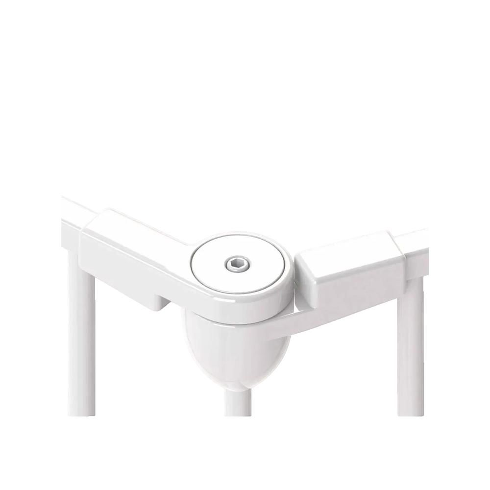 Weißes, eckiges Verbindungselement. Zwei Stäbe treffen sich in einem Winkel. Zentrales Gelenk mit Schraube.