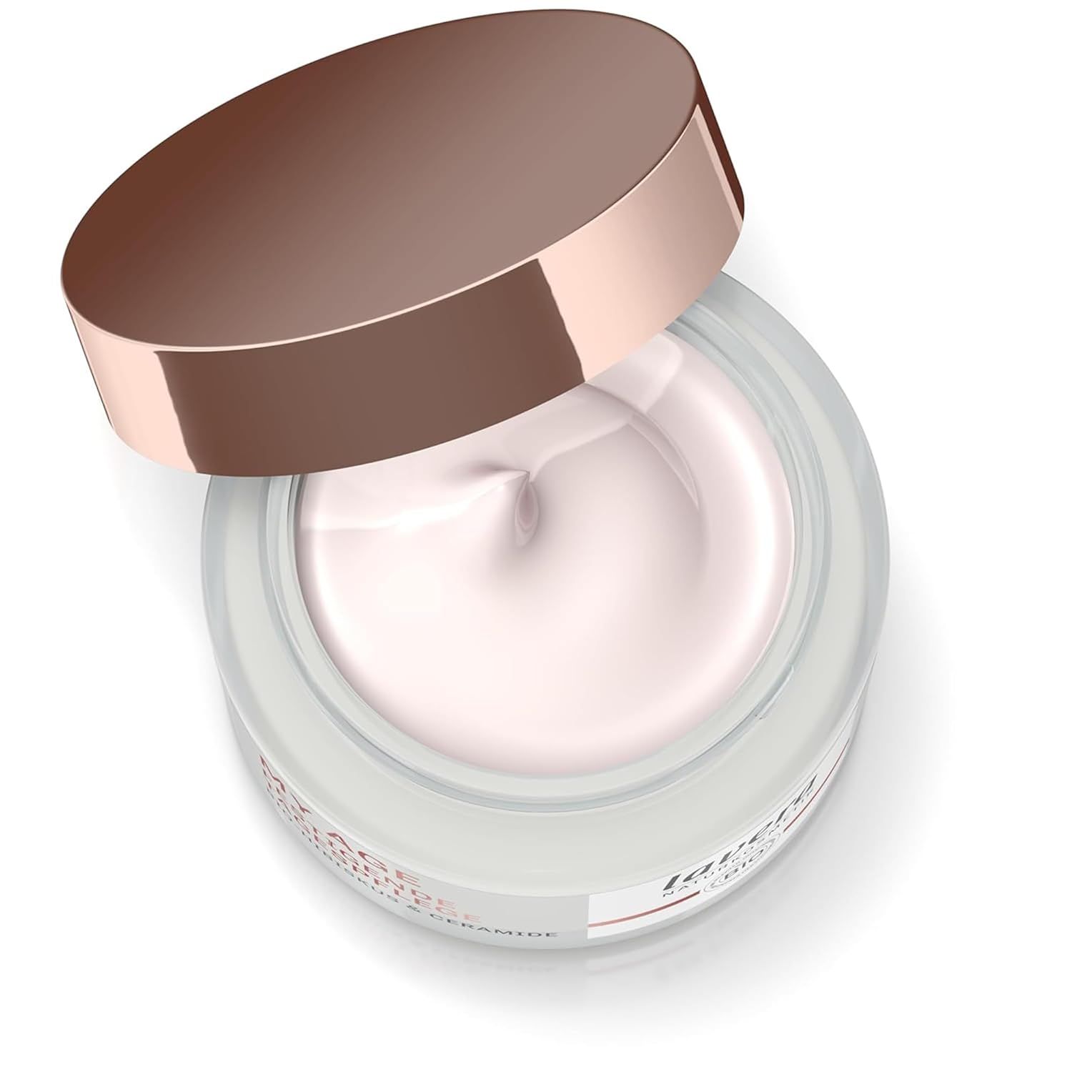 Offener Cremetiegel mit rosafarbener Creme. Deckel in Roségold. Aufschrift: lavera. Produktname nicht vollständig sichtbar.