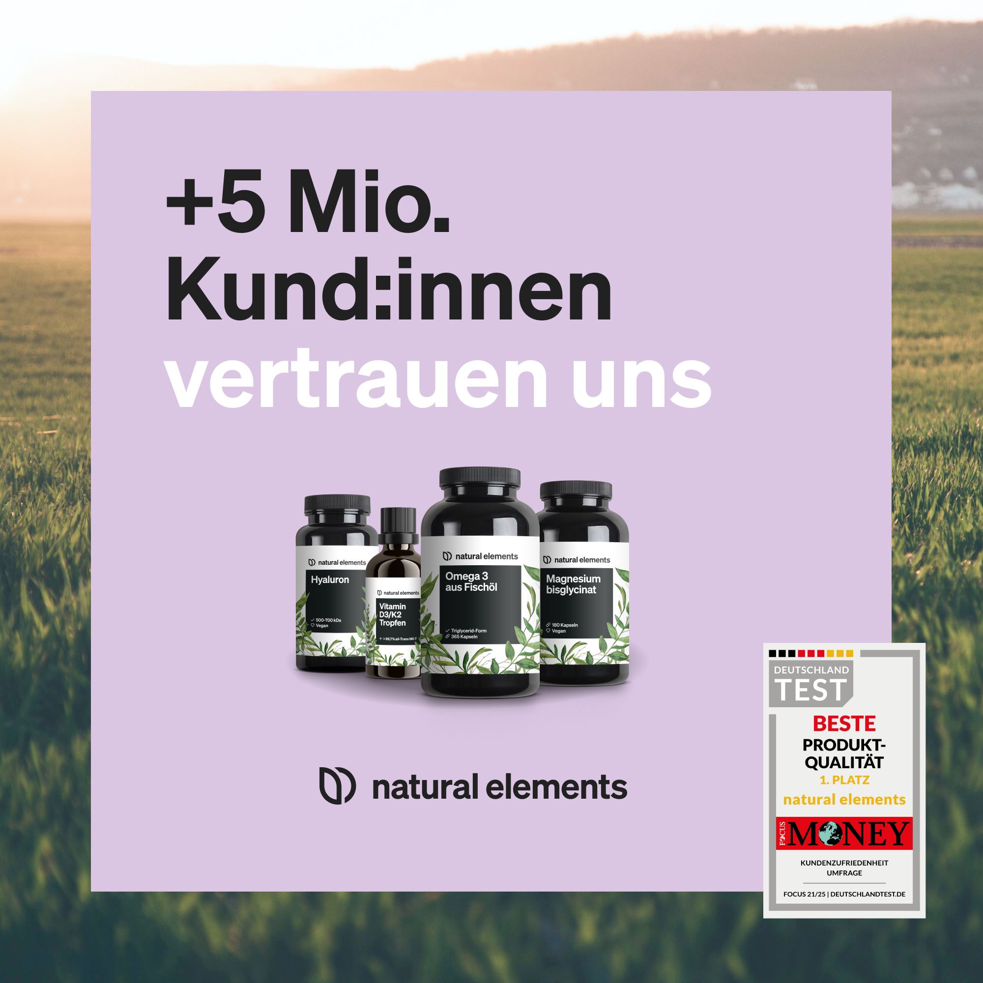 Mehrere Produktflaschen auf lila Hintergrund. Text: +5 Mio. Kund:innen vertrauen uns. Auszeichnung: Deutschland Test.