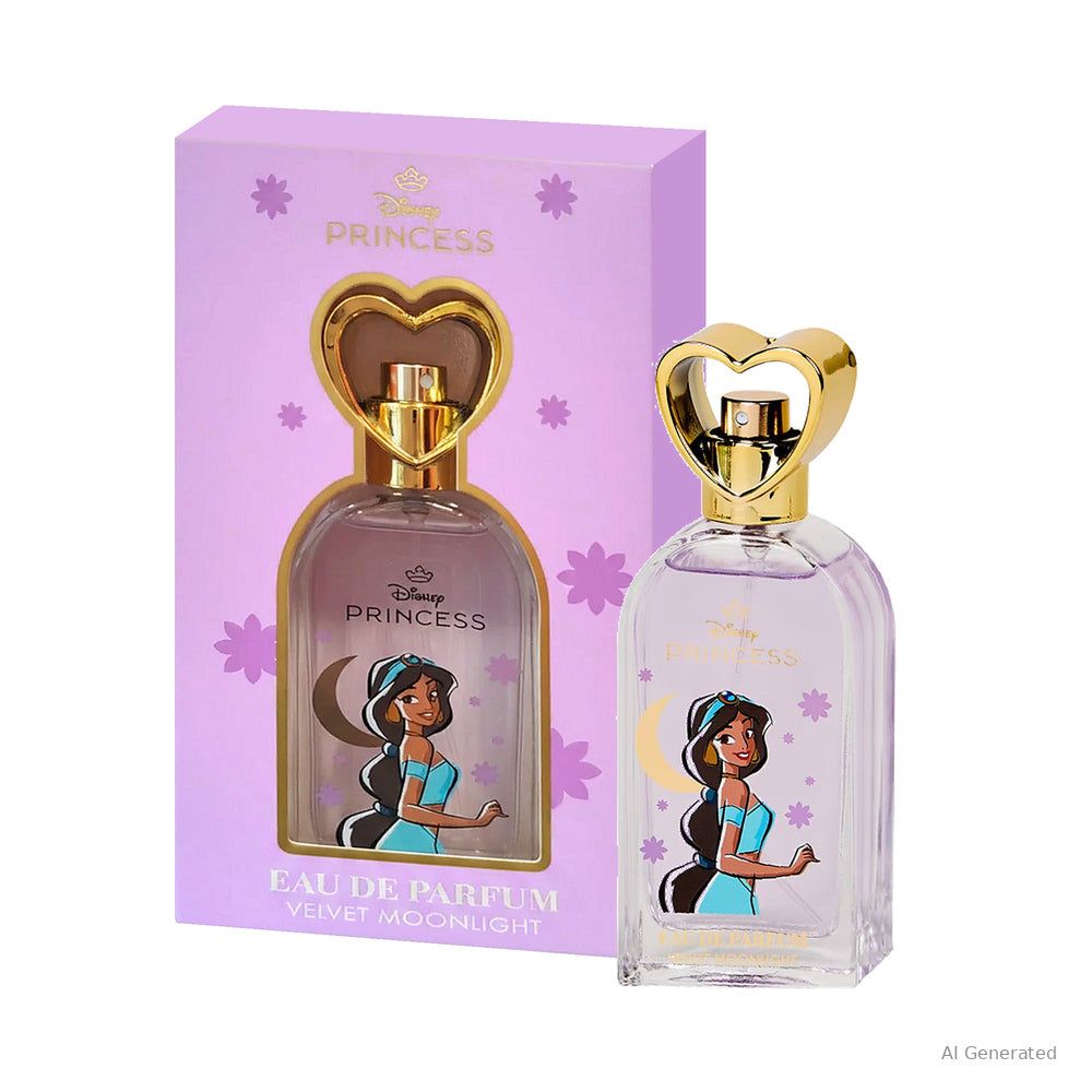 Disney Princess Jasmine Velvet Moonlight Eau de Parfum Flakon mit Herz-Applikator und Schachtel.