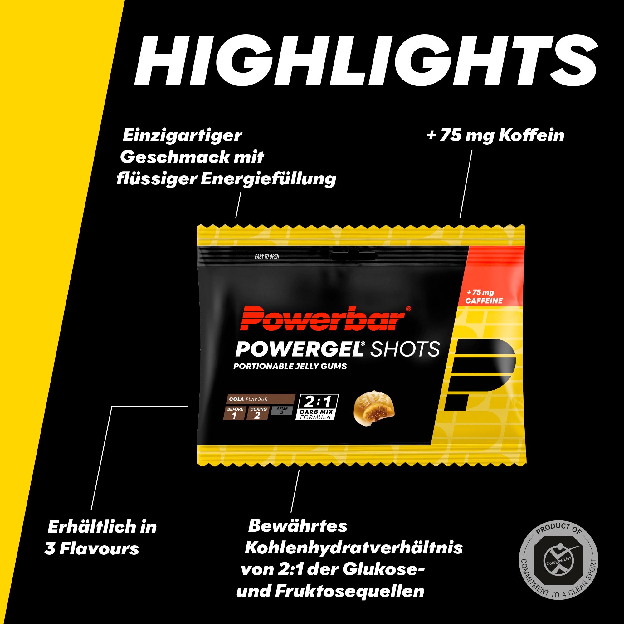 Powerbar PowerGel Shots Cola-Packung. Gelb und schwarz. Enthält 75 mg Koffein. Portionierbare Geleebonbons mit 2:1 Carb Mix Formel. Text: Highlights.