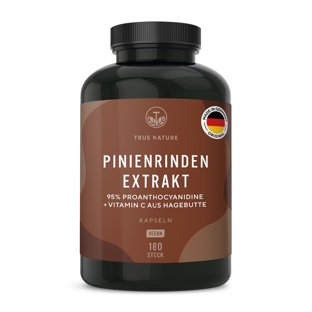 Dunkle Dose mit Pinienrindenextrakt-Kapseln, 180 Stück, vegan, Made in Germany.