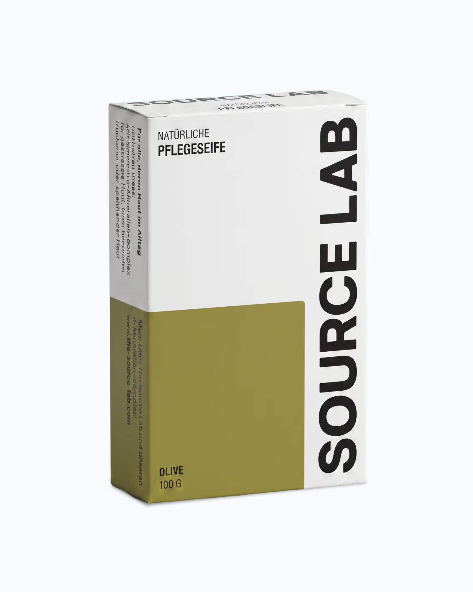 Verpackung der SOURCE LAB 2-in-1-Pflegeseife Olive, 100g.