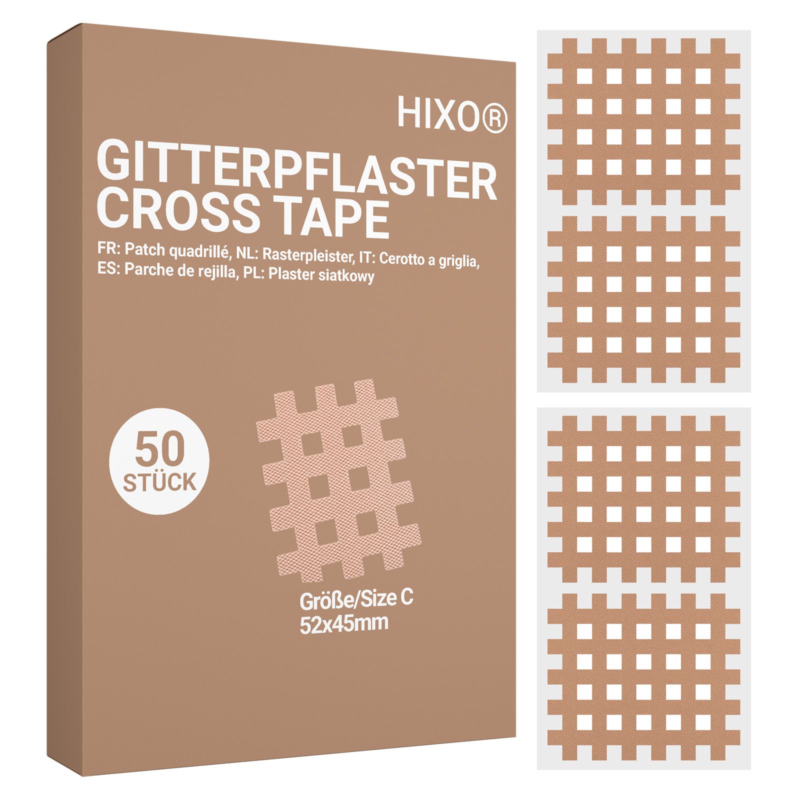 Verpackung mit 50 Gitterpflastern, Größe C (52x45mm). Ein Pflaster ist abgebildet.
