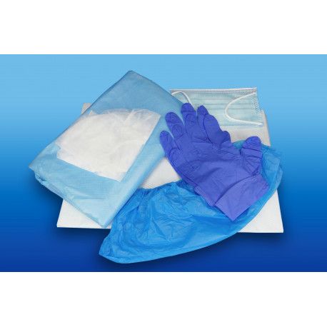 Blaues Set mit Handschuhen, Maske, Abdeckungen und Tüchern. Auf weißem Untergrund.