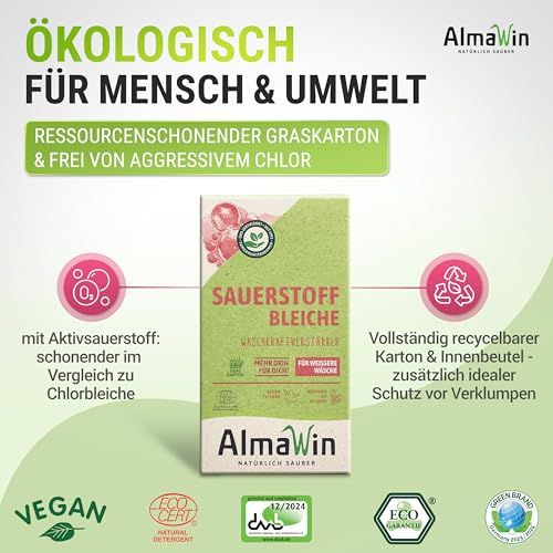 AlmaWin Sauerstoff Bleiche Kartonverpackung mit Siegeln und Hinweisen.