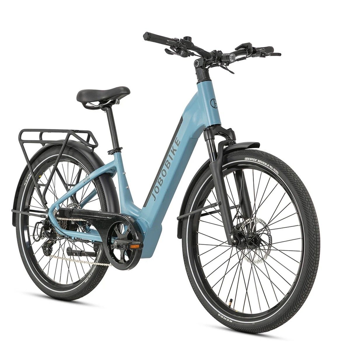 Blaues Elektrofahrrad mit Gepäckträger. JOBOBIKE-Logo am Rahmen. Schwarze Schutzbleche und Reifen.