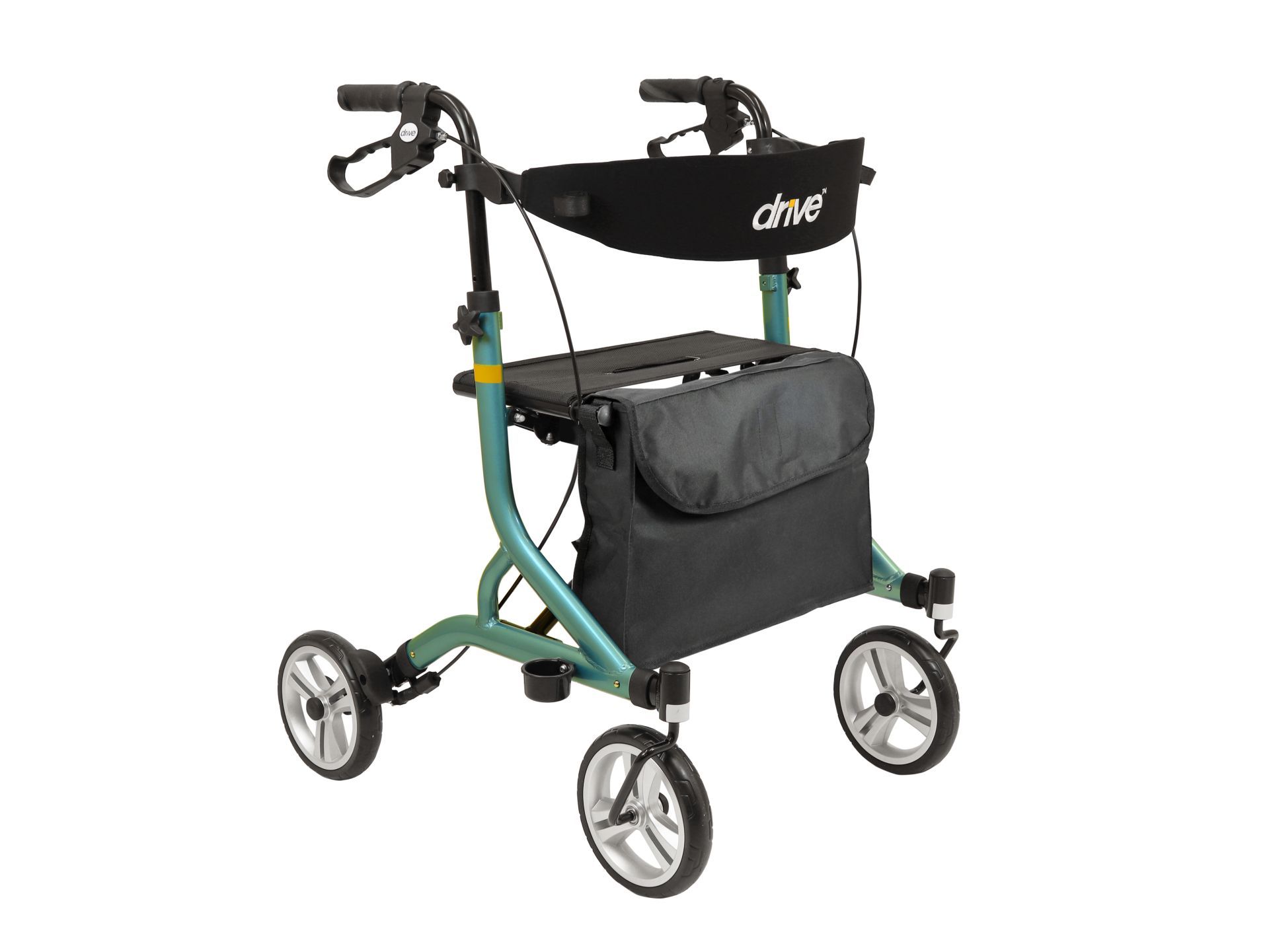 Rollator, blau, mit schwarzem Sitz und Tasche. Drive-Logo auf der Rückenlehne.