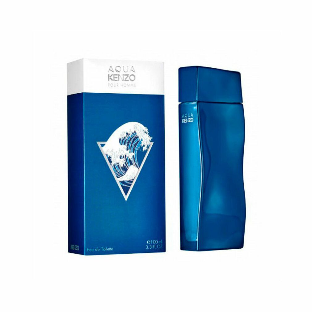 Blauer Flakon und Verpackung. Aufschrift: AQUA KENZO POUR HOMME.