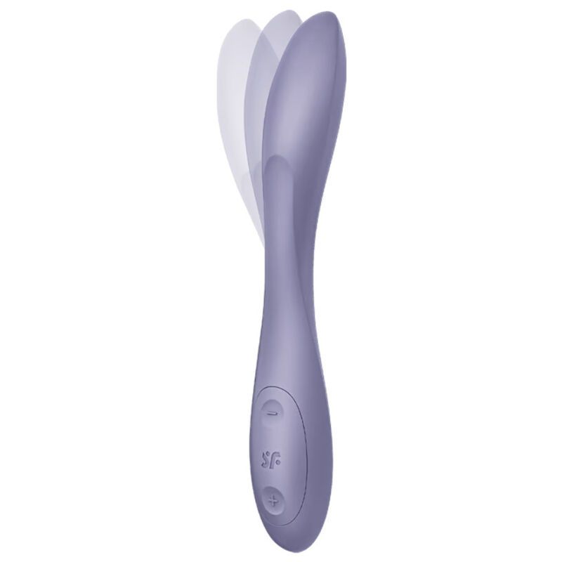 Lila Vibrator in Bewegung, gebogen. Bedienknöpfe sichtbar. Auf weißem Hintergrund.