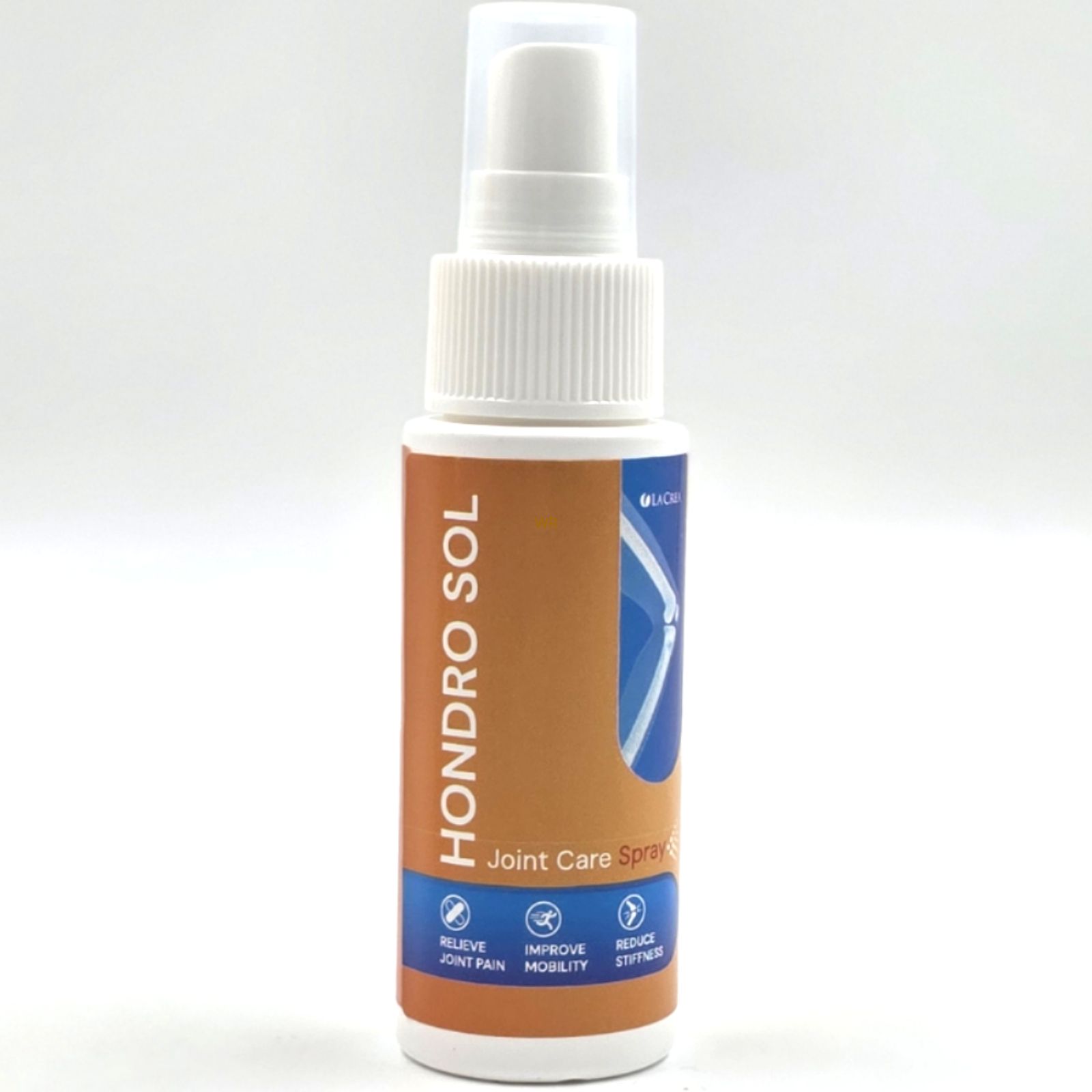 Weiße Sprühflasche mit orangefarbenem Etikett. Text: "Hondro Sol", "Joint Care Spray". Blaue Symbole für Schmerzlinderung, Mobilität und Steifheit.