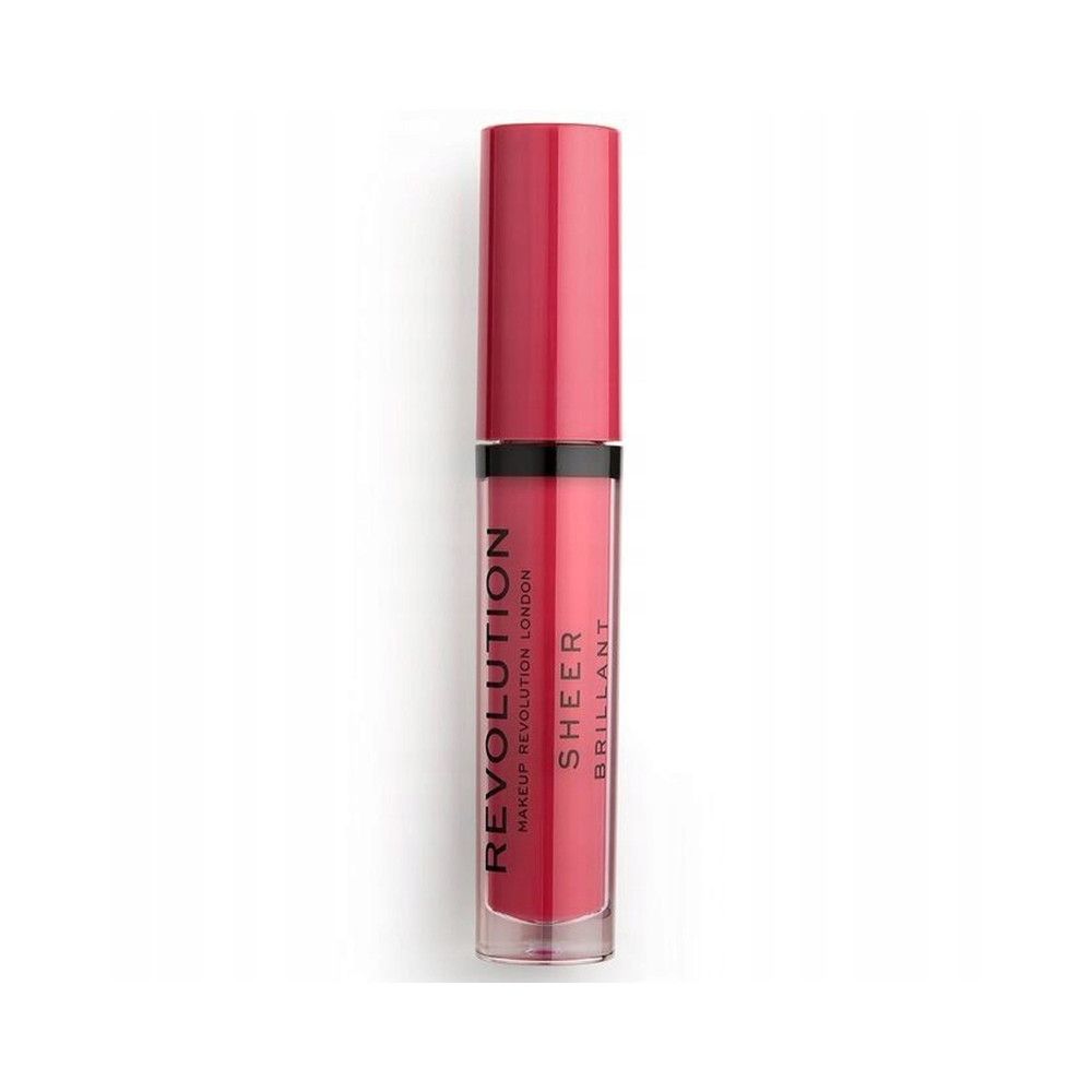 Geschlossene Lipgloss-Flasche. Transparente, zylindrische Flasche mit rotem Inhalt. Roter Deckel. Aufschrift: REVOLUTION SHEER BRILLIANT.