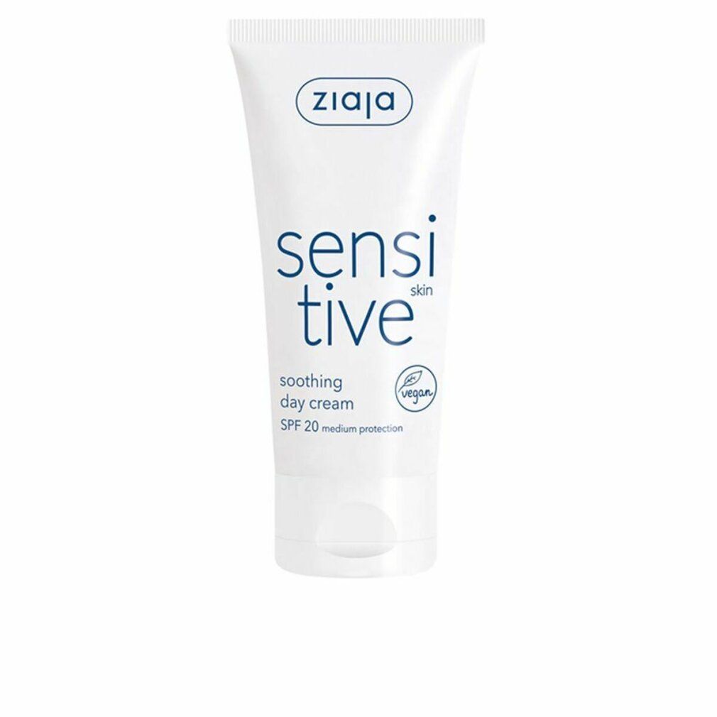 Weiße Tube mit blauem Schriftzug "sensitive" und "Ziaja" Logo. Enthält "soothing day cream" und "SPF 20". Vegan-Siegel.