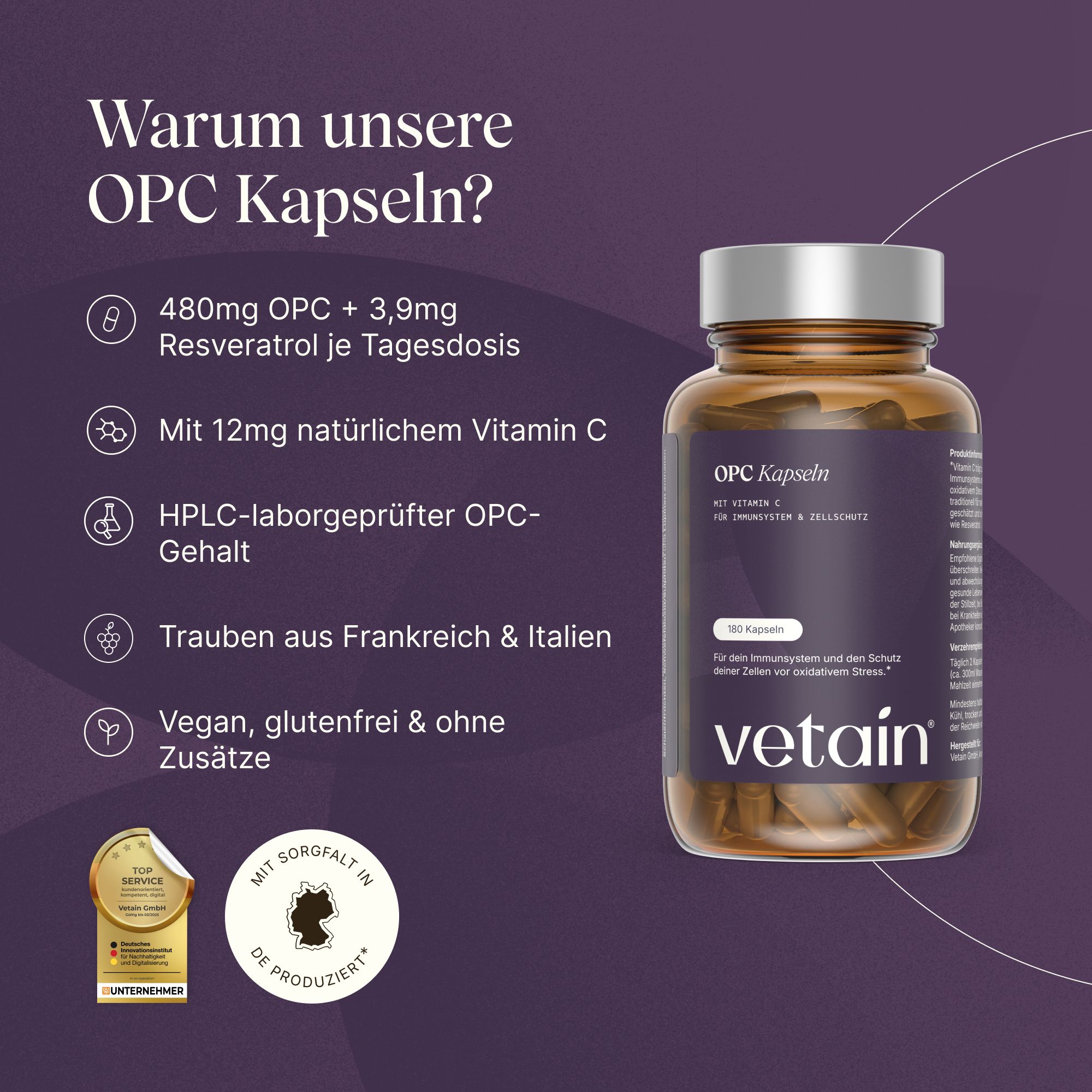Flasche mit OPC Kapseln von Vetain. Enthält 180 Kapseln. Mit Vitamin C, Trauben aus Frankreich & Italien. "Mit Sorgfalt in DE Produziert" Siegel.