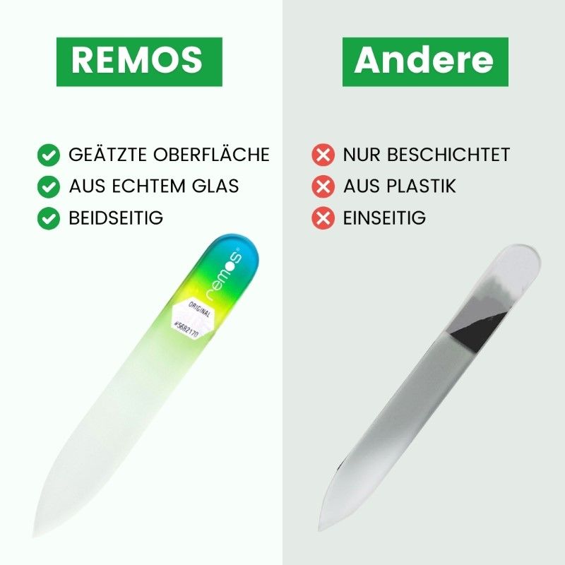 Glasnagelfeile, geätzte Oberfläche, aus Echtglas, beidseitig. Vergleich mit anderen Feilen.