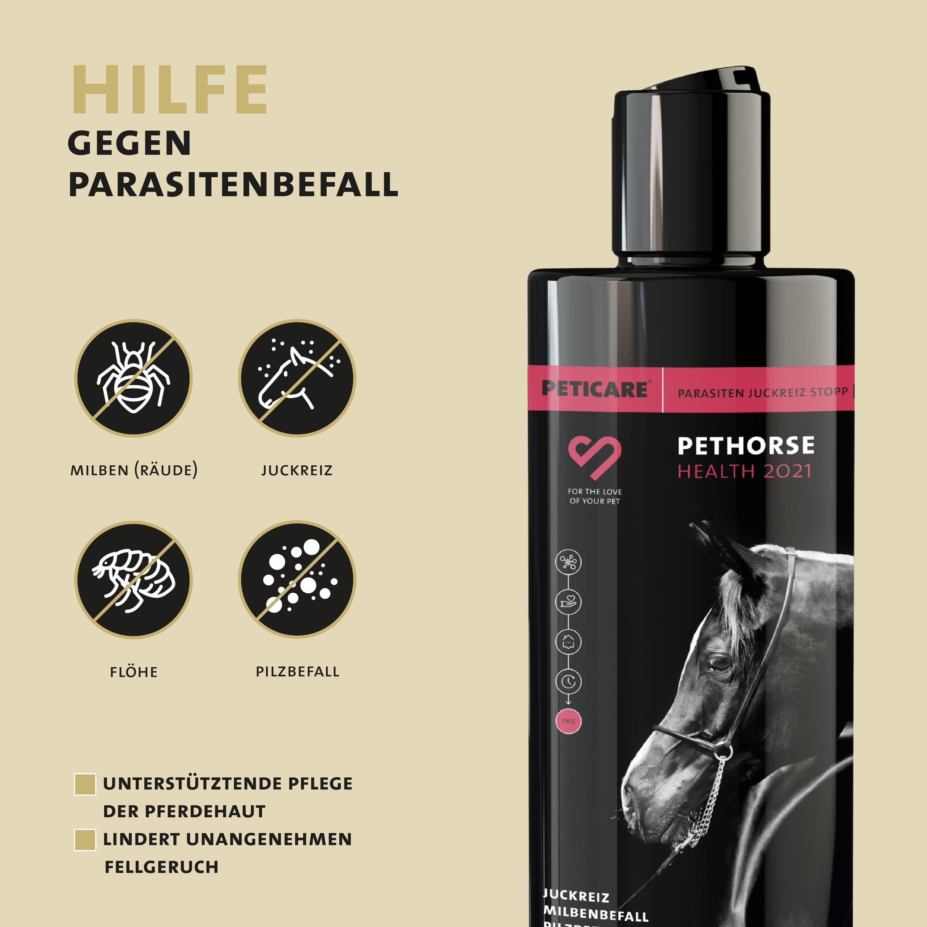 Peticare Anti-Parasiten Pferde-Shampoo gegen Milben Flöhe Pilz, lindert Juckreiz