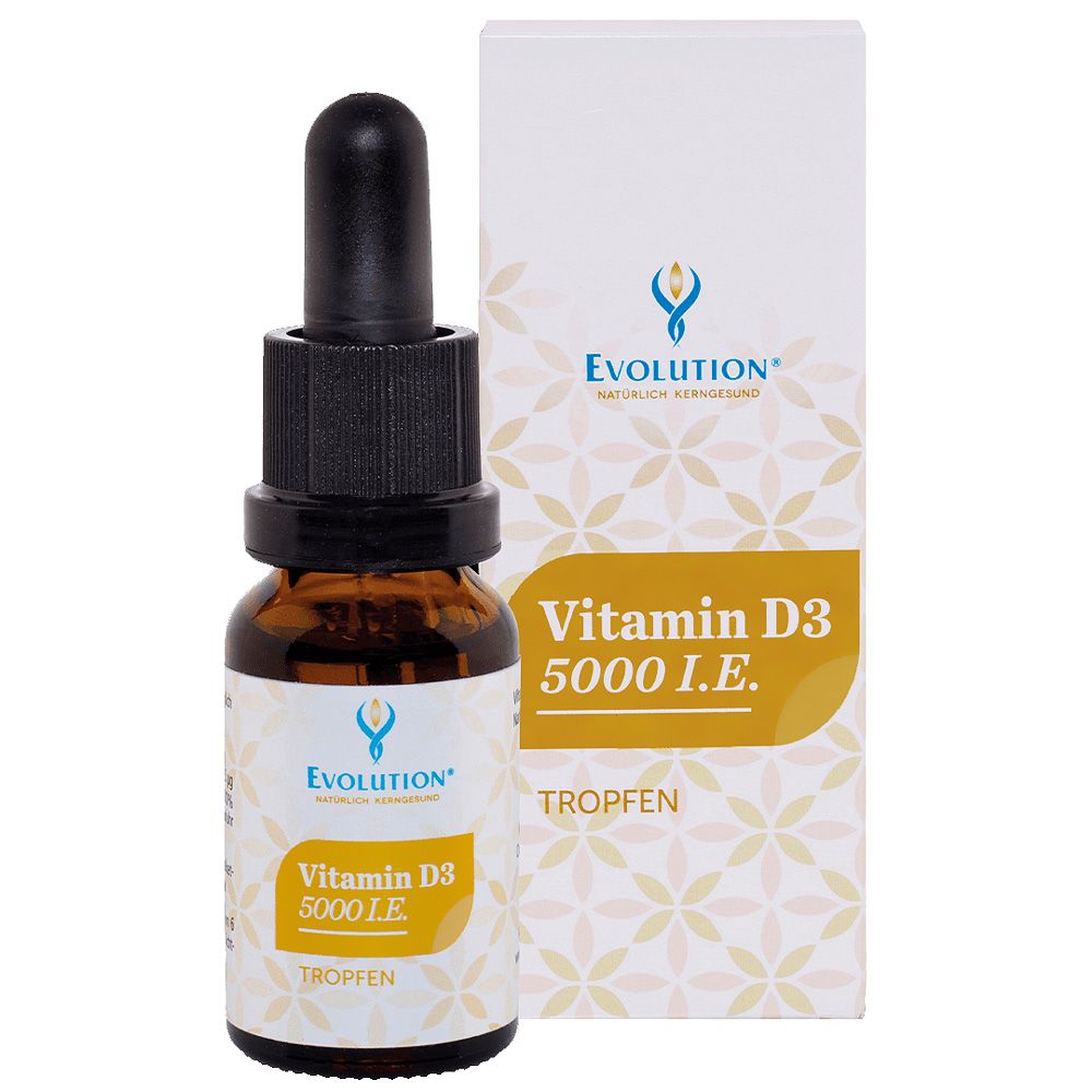 Braune Glasflasche mit Tropfer und Verpackung. Aufschrift: Evolution Vitamin D3 5000 I.E. Tropfen.