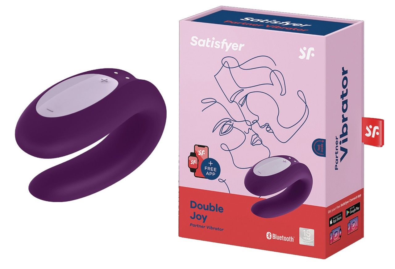Paarvibrator und Verpackung. Vibrator violett, Bedienfeld. Verpackung mit Produktname und Logo.