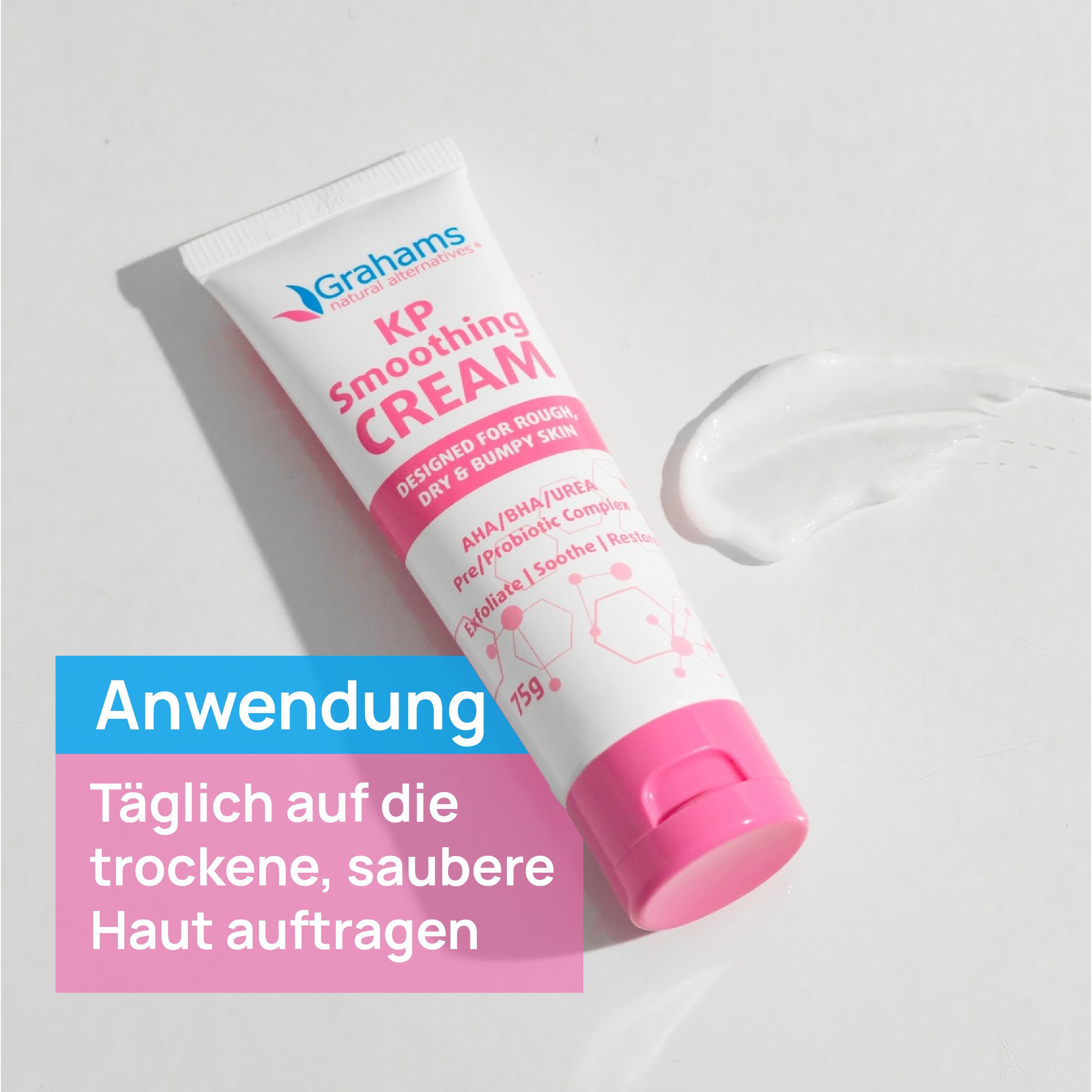 Grahams KP Smoothing Cream Tube mit rosa Kappe. Text: Anwendung: Täglich auf trockene Haut auftragen.