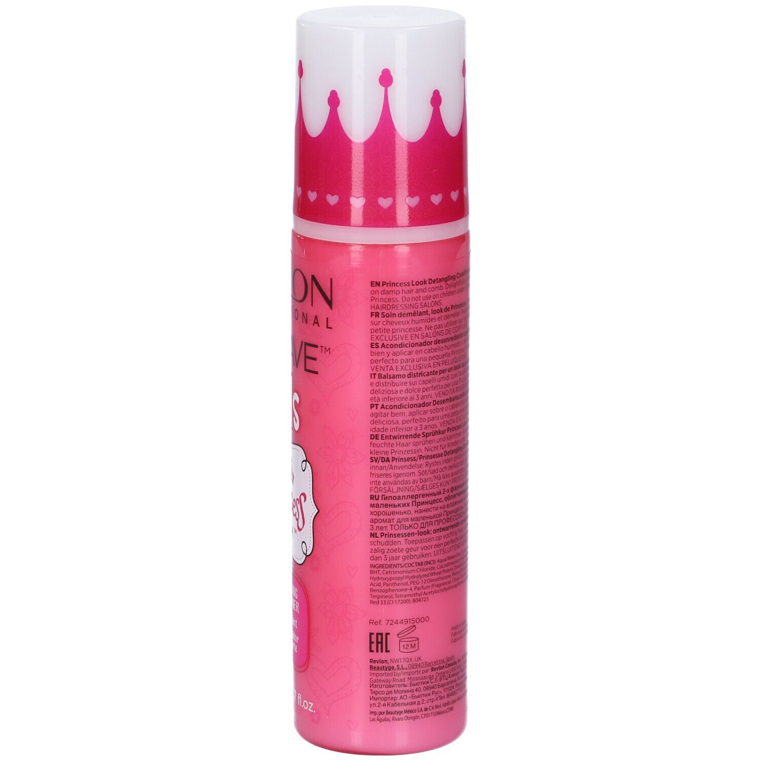 Rosa Flasche mit weißem Kronen-Deckel. Aufschrift: Revlon Equave Kids Princess Look. Spülung.