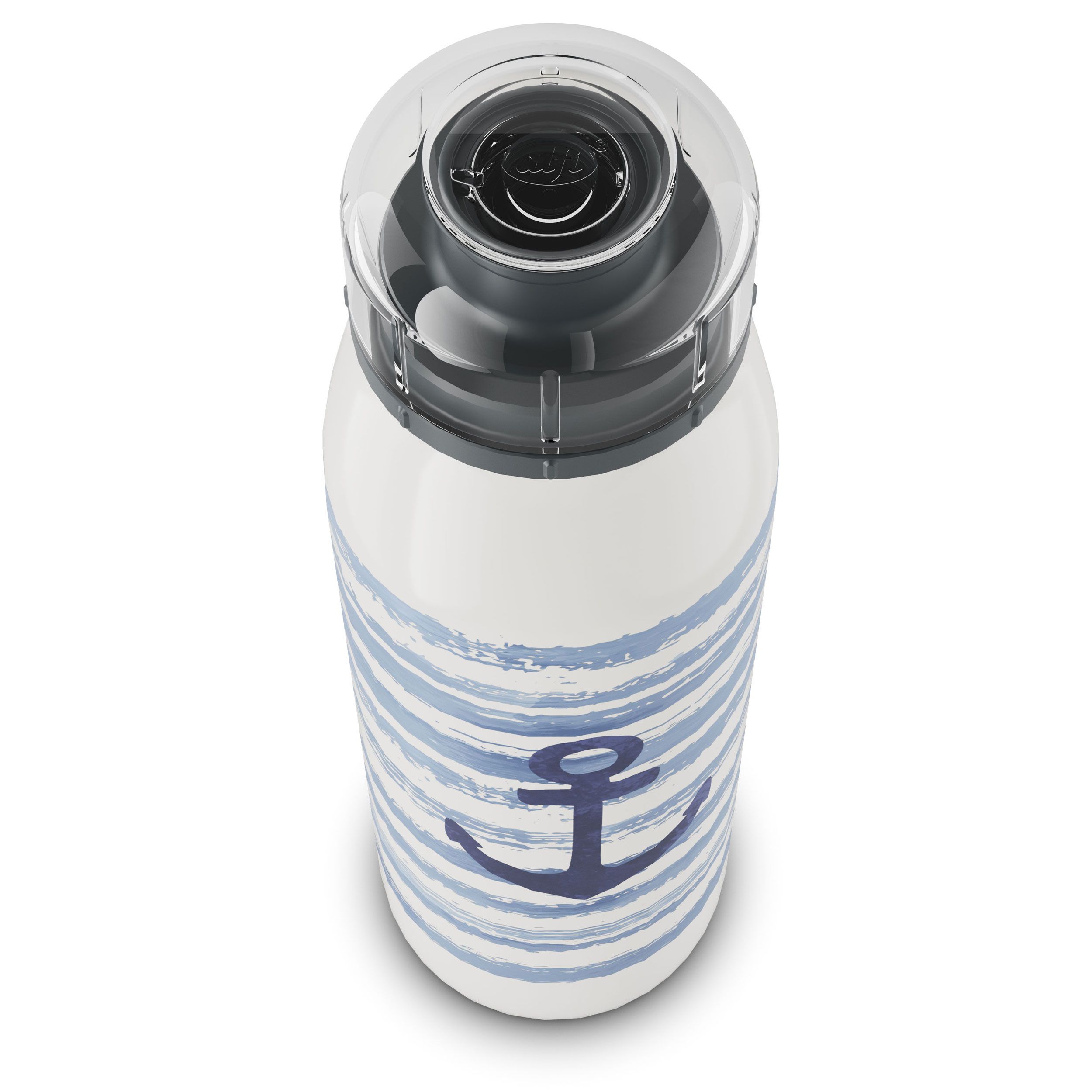 Oberansicht einer weißen Trinkflasche mit blauem Anker und Streifen, Deckel aufgesetzt.